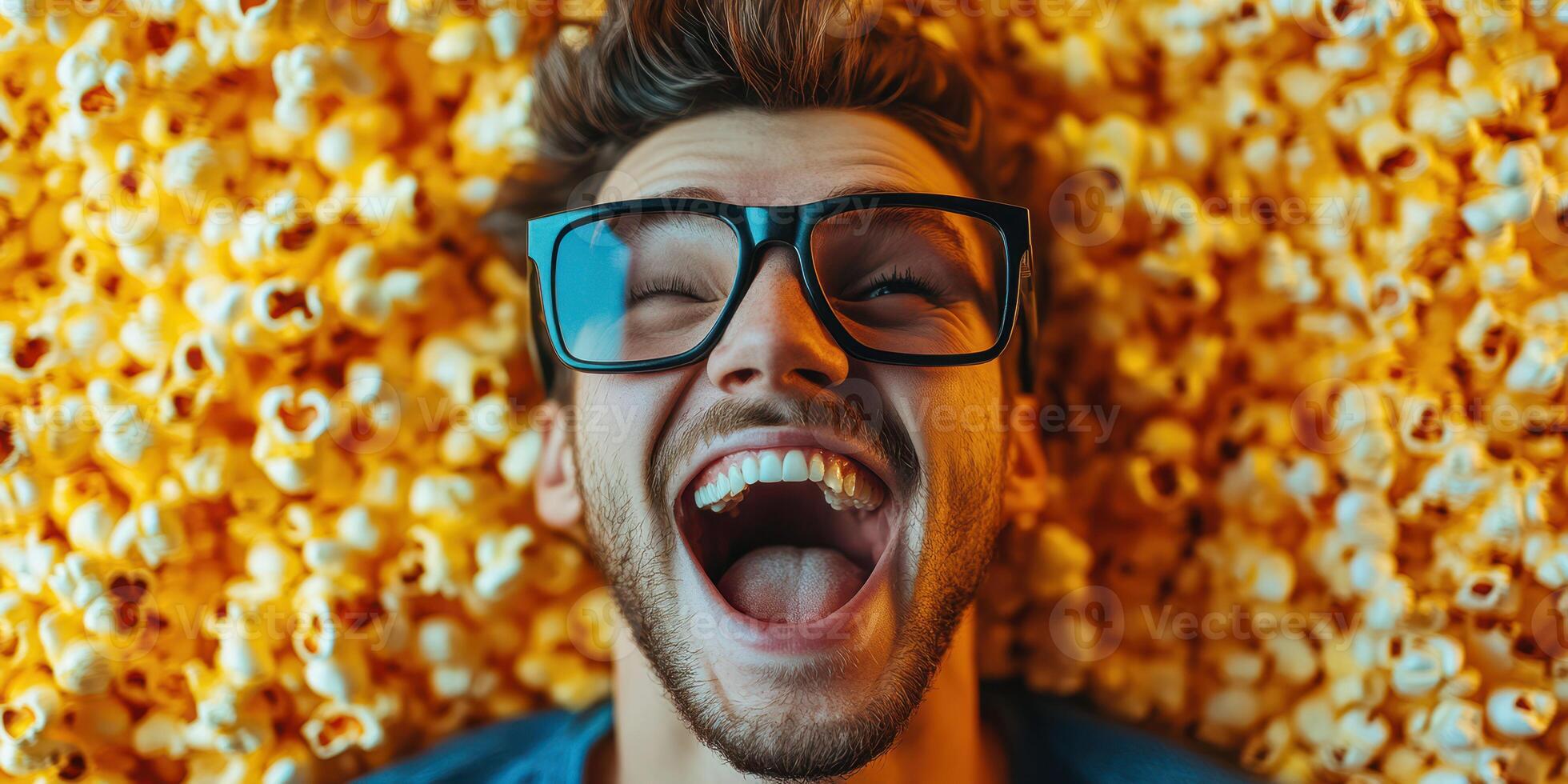 Joyful young man enjoying popcorn while lying on a bed of popcorn kernels in a playful atmosphere photo