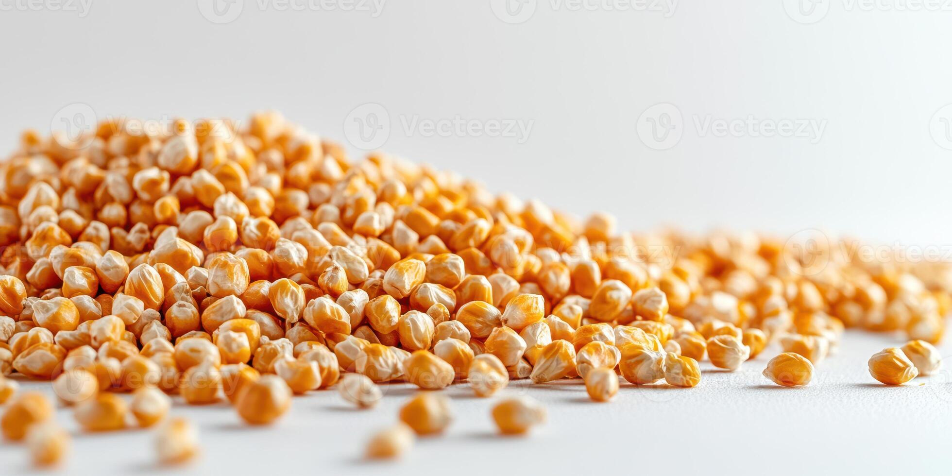 Dried corn kernels spread out on a light surface, showcasing their texture and color in natural lighting photo
