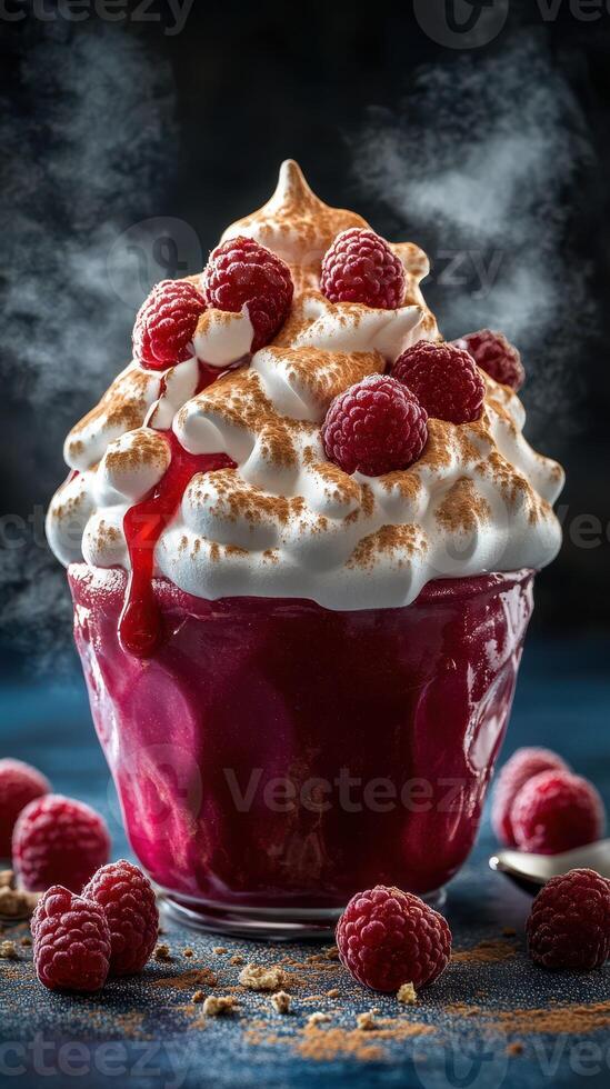 Decadent raspberry dessert with fluffy meringue and a drizzle of raspberry sauce, showcasing a stylish presentation photo