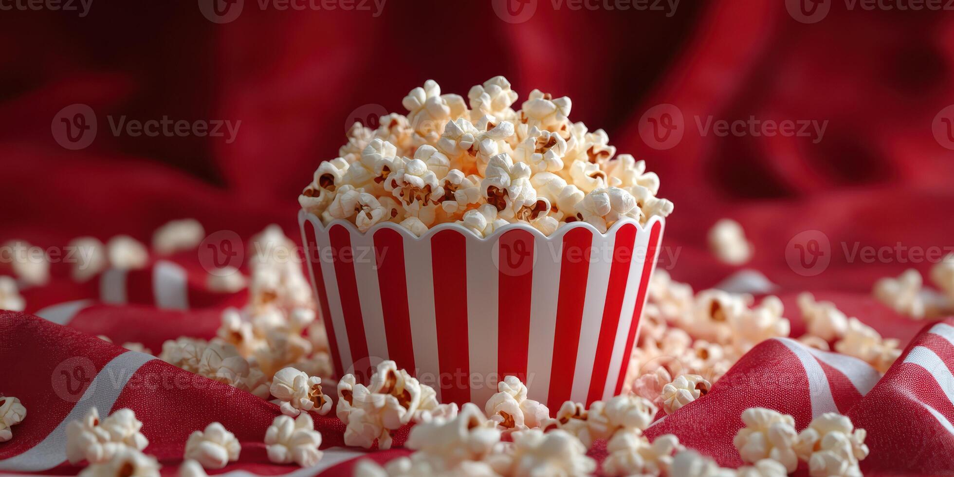 Delicious red and white striped popcorn bowl on a plush red fabric background creating a cozy snack moment photo