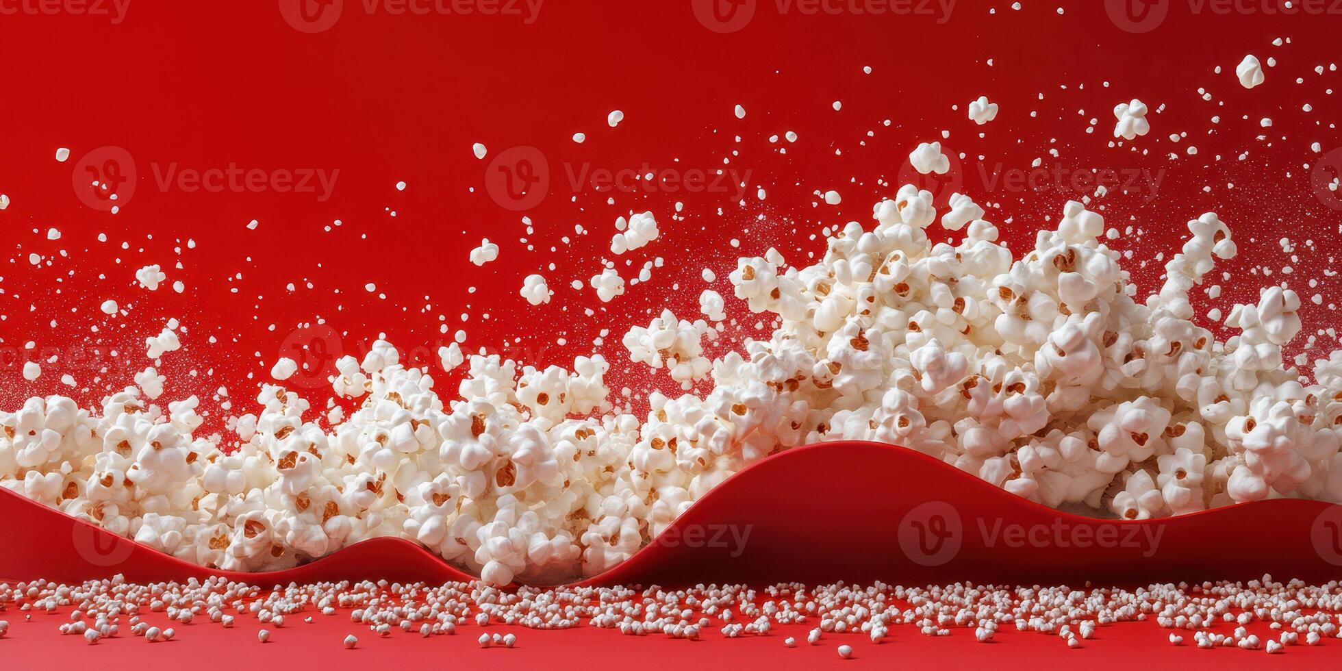 Exploding popcorn kernels creating a vibrant display against a red background photo