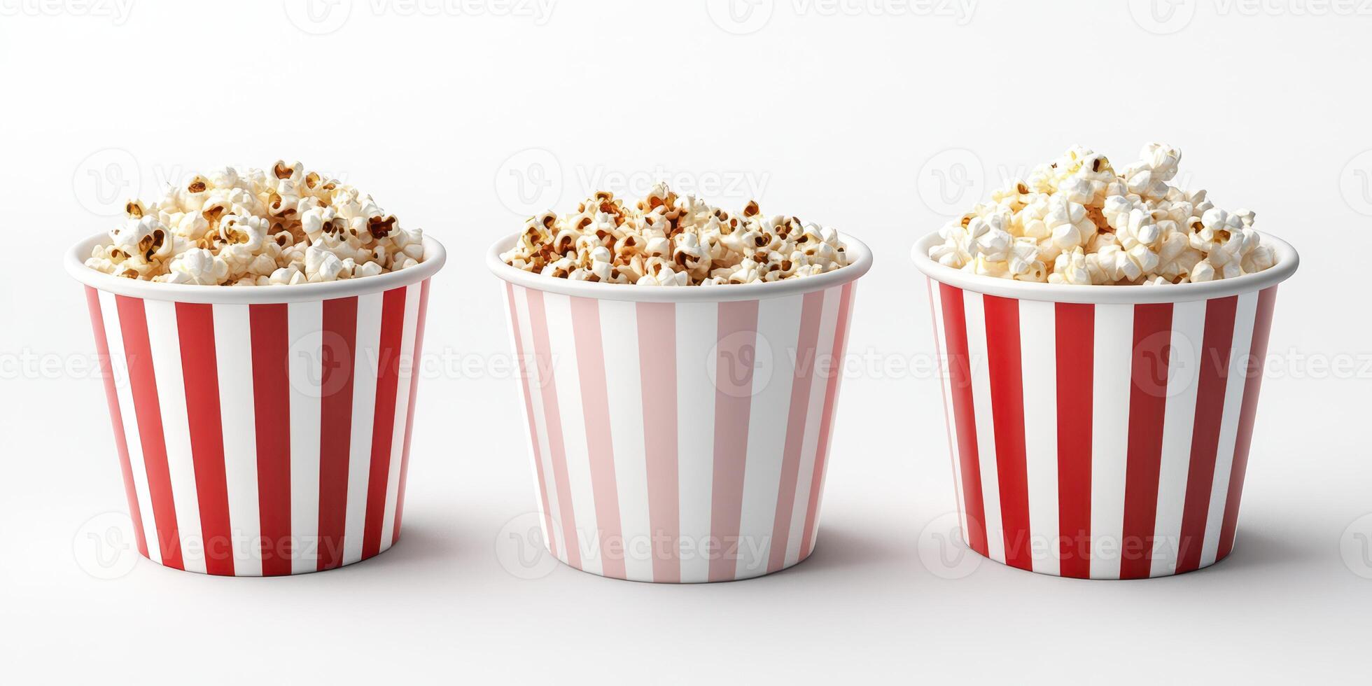 Different styles of popcorn in red and white striped cups arranged on a clean surface photo