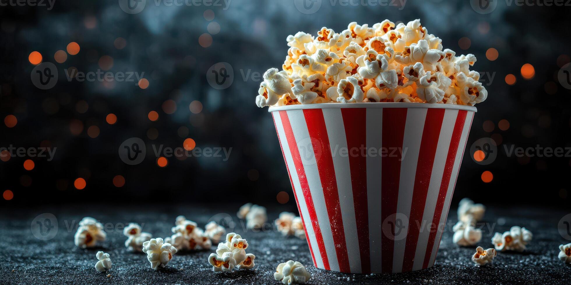 Classic popcorn bucket filled with fluffy popcorn on a dark background with bokeh lights photo