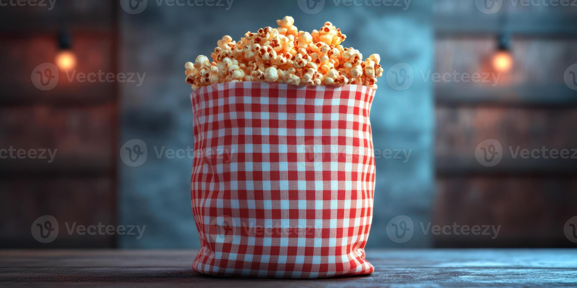 Delicious popcorn in a checkered bag placed on a wooden surface with a cozy background setting and warm lighting photo
