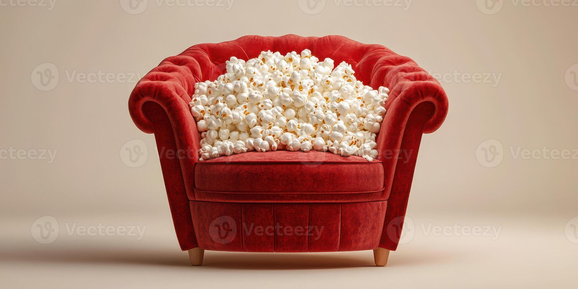 Cozy red chair overflowing with fluffy popcorn invites relaxation for movie time enjoyment at home photo