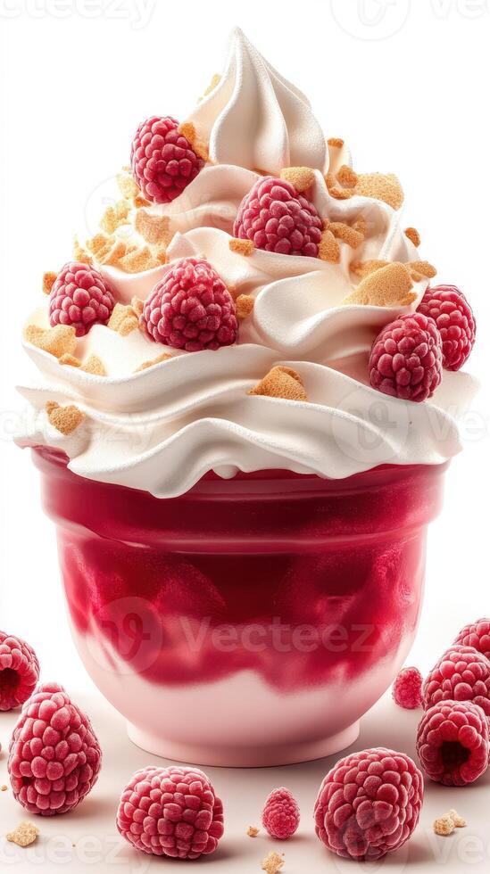Decadent raspberry dessert topped with whipped cream and cookie crumbles in a vibrant bowl photo