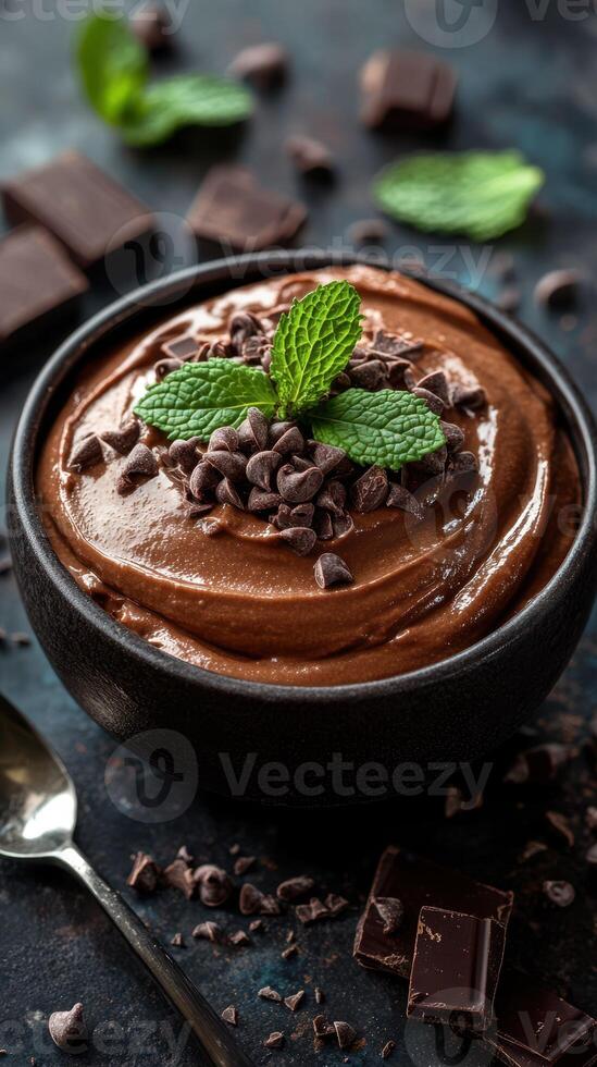 Delicious chocolate mousse topped with mint leaves and chocolate chips served in a dark bowl photo