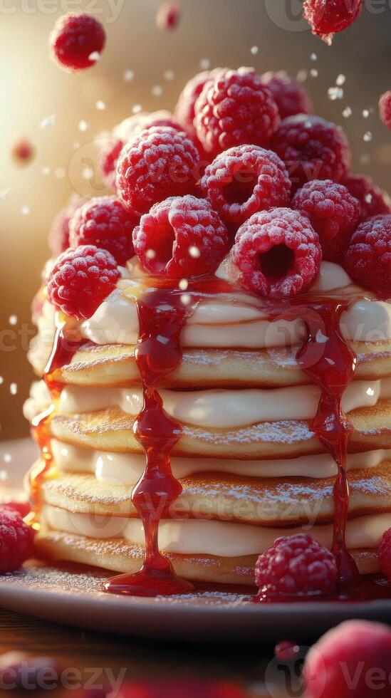Stack of fluffy pancakes topped with fresh raspberries and syrup in soft morning light photo