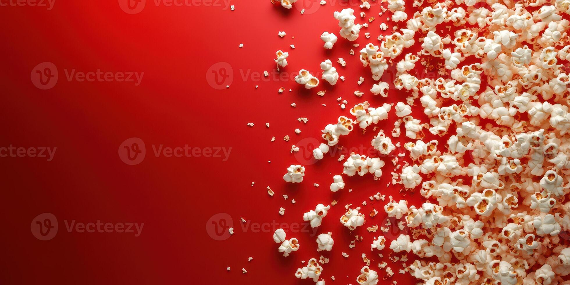 Popcorn scattered across a vibrant red surface creates a playful and inviting snack display photo