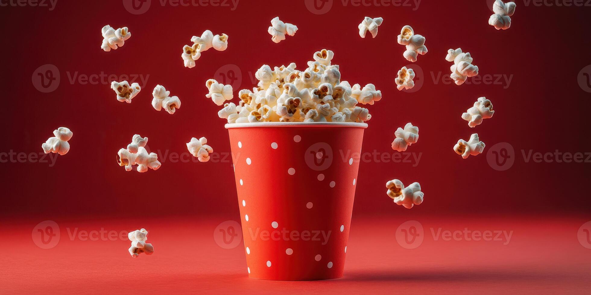 Popcorn overflowing from a red polka dot bucket against a vibrant red background photo