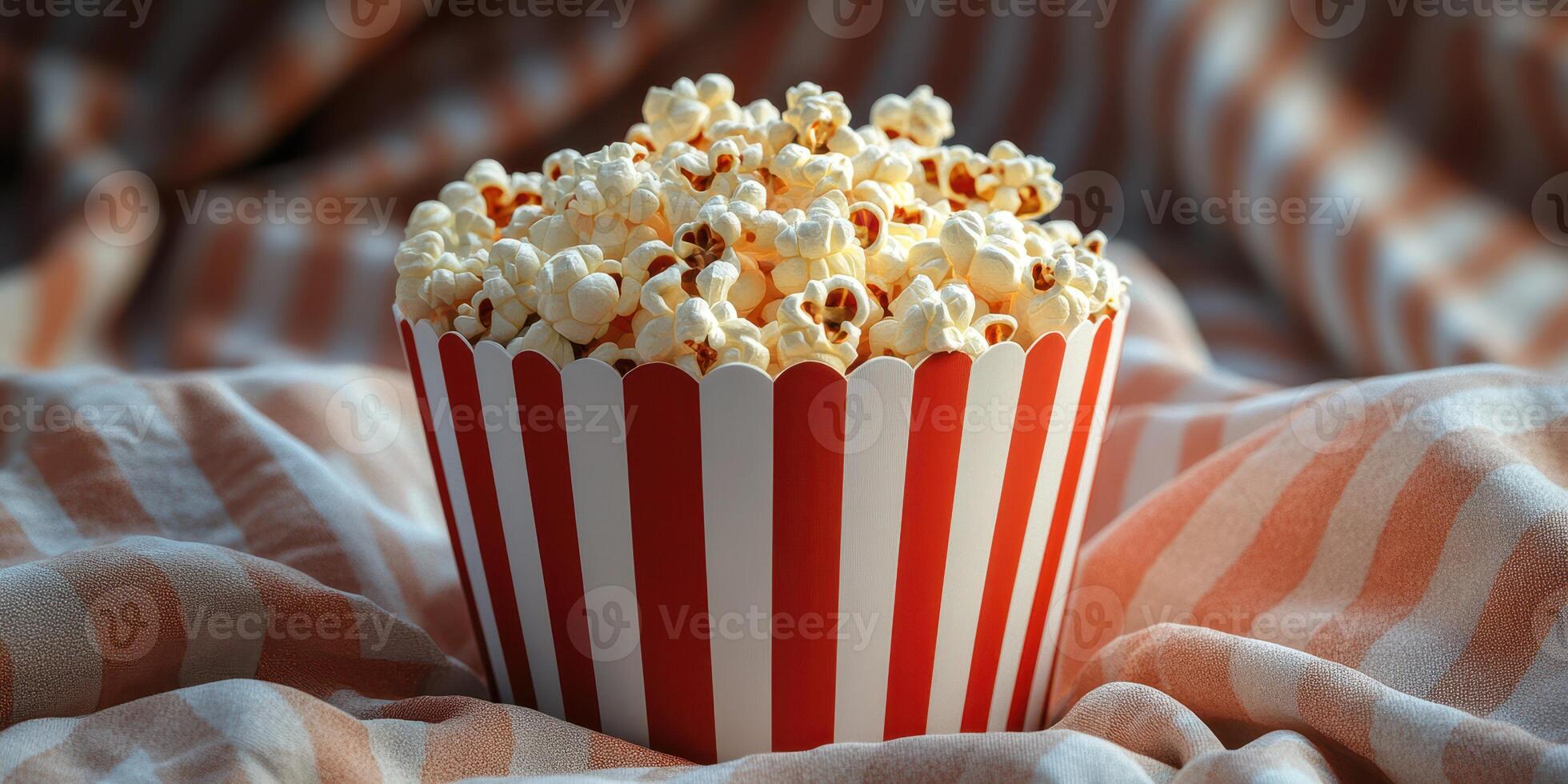 Classic popcorn in a striped container on a cozy blanket ready for movie night at home photo