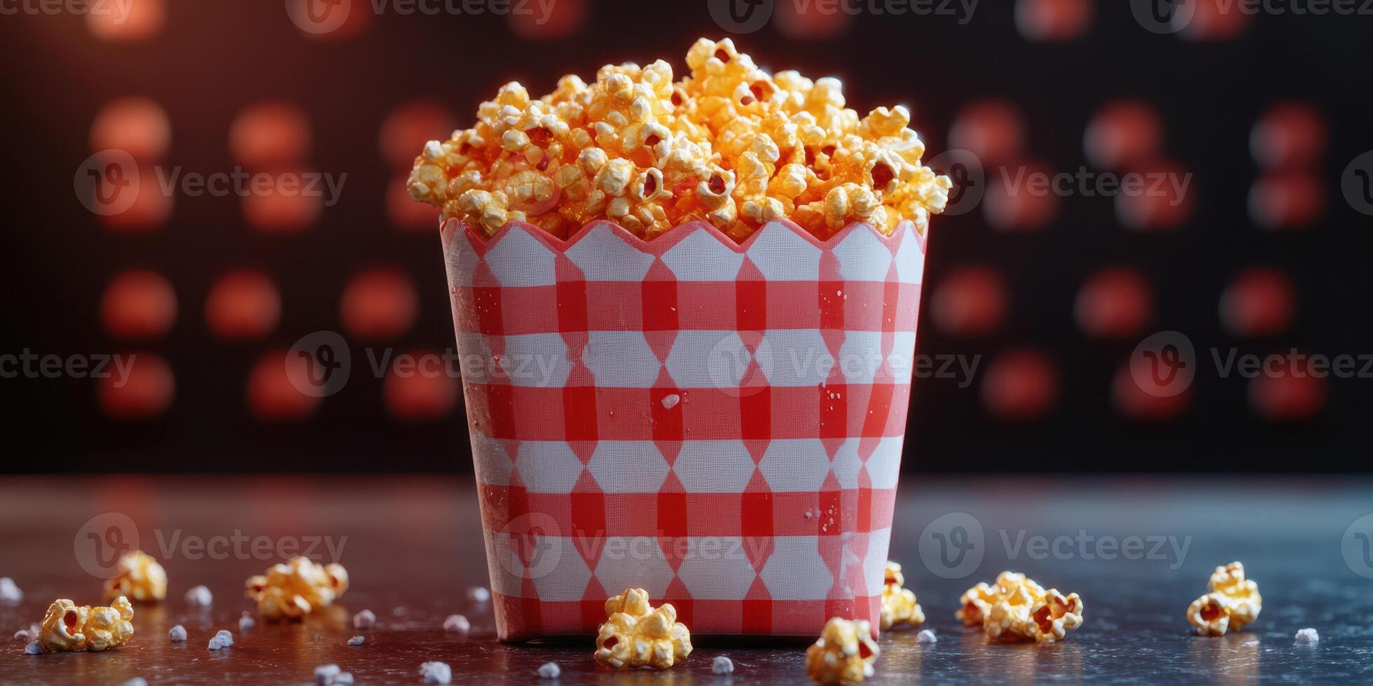 Delicious popcorn in a red and white checkered paper cup against a blurred background photo