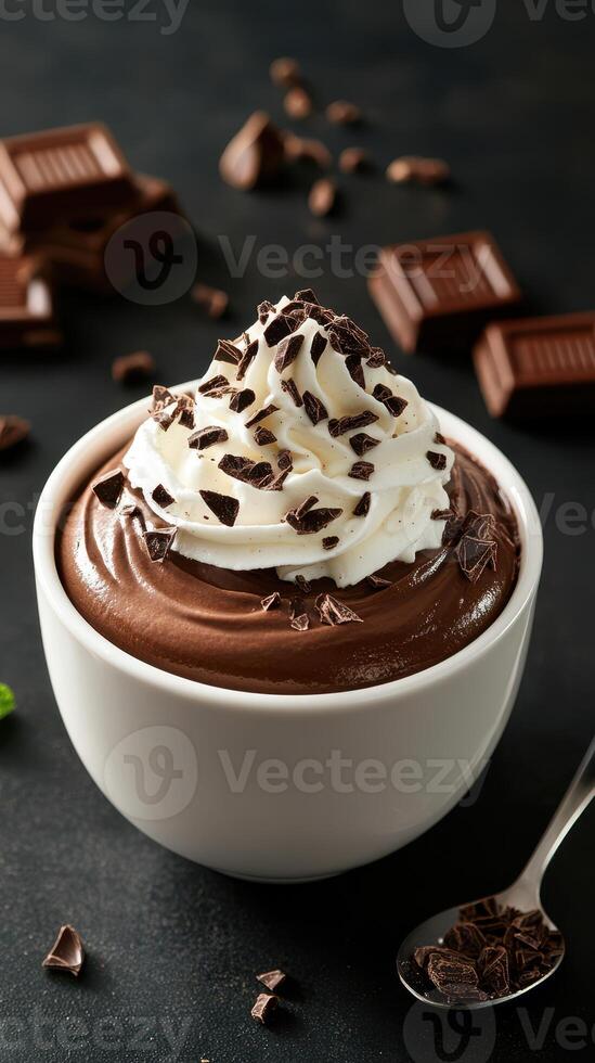 Indulgent chocolate mousse topped with whipped cream and chocolate shavings served in a white bowl photo