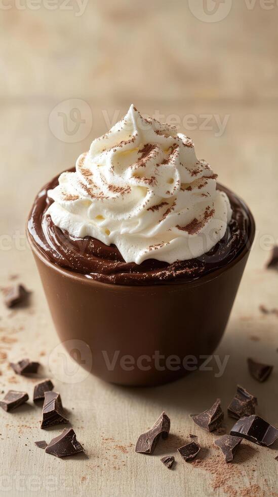 Rich chocolate mousse topped with whipped cream and chocolate shavings in a dark bowl on a wooden surface photo