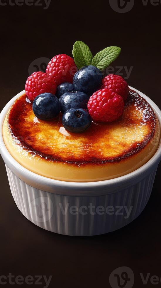 Luxurious dessert topped with berries served in a round dish on a dark background photo
