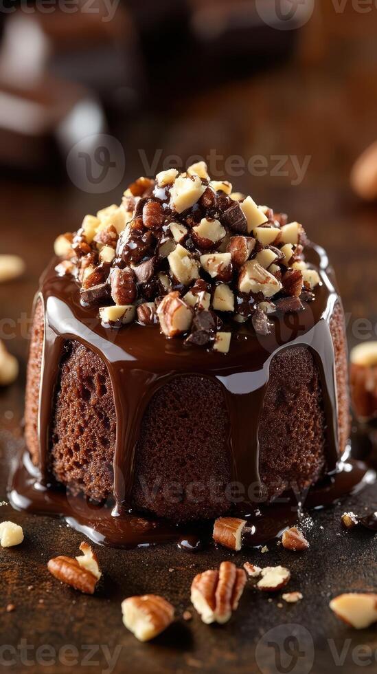 Indulgent chocolate dessert topped with crushed nuts on a rustic wooden table photo