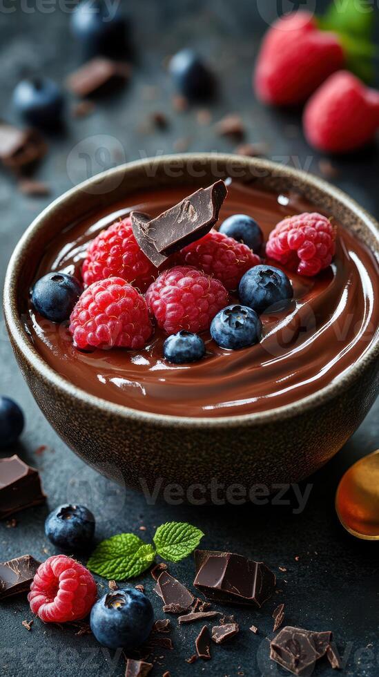 Delicious chocolate mousse topped with fresh berries in a rustic bowl on a dark table photo