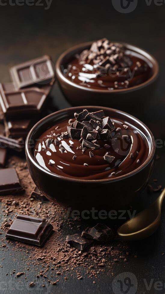 Rich chocolate desserts served in bowls surrounded by chocolate pieces on a dark surface photo