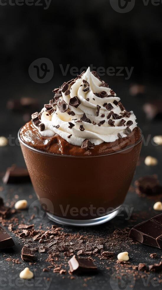 Decadent chocolate dessert topped with whipped cream and chocolate shavings served in a glass dish on a dark background photo