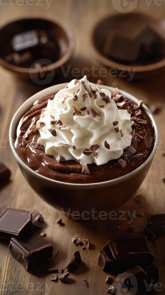 Rich chocolate mousse with whipped cream and chocolate shavings presented in an elegant bowl on a wooden table photo