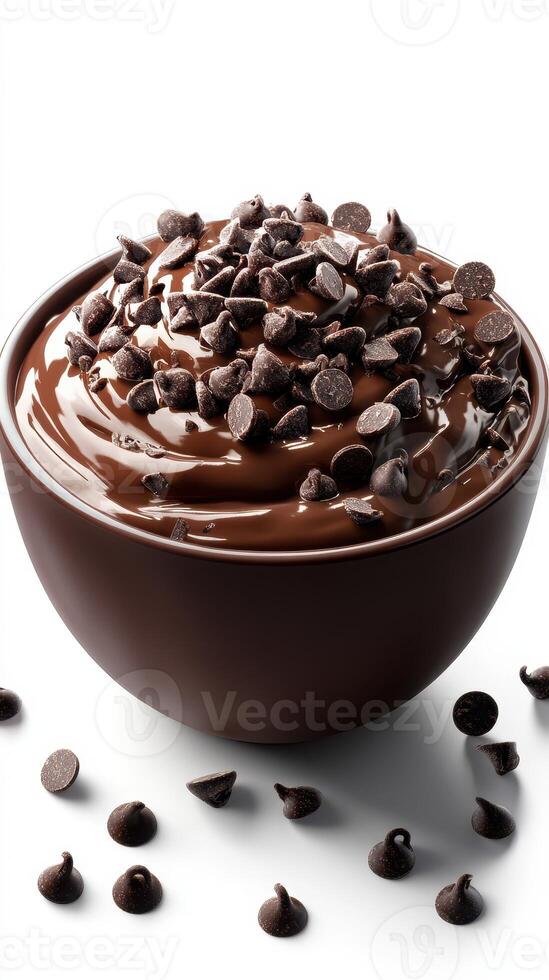 Decadent chocolate dessert topped with rich chocolate chips in a stylish bowl on a white background photo