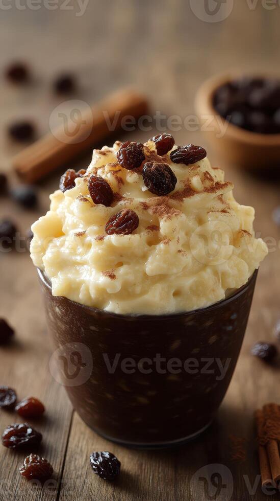 Creamy rice pudding topped with cinnamon and raisins served in a glass on a wooden table photo