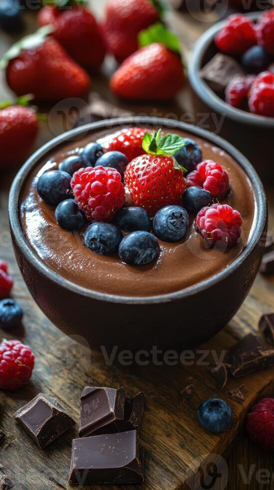 Delicious chocolate mousse topped with fresh berries and chocolate pieces served in a rustic setting photo