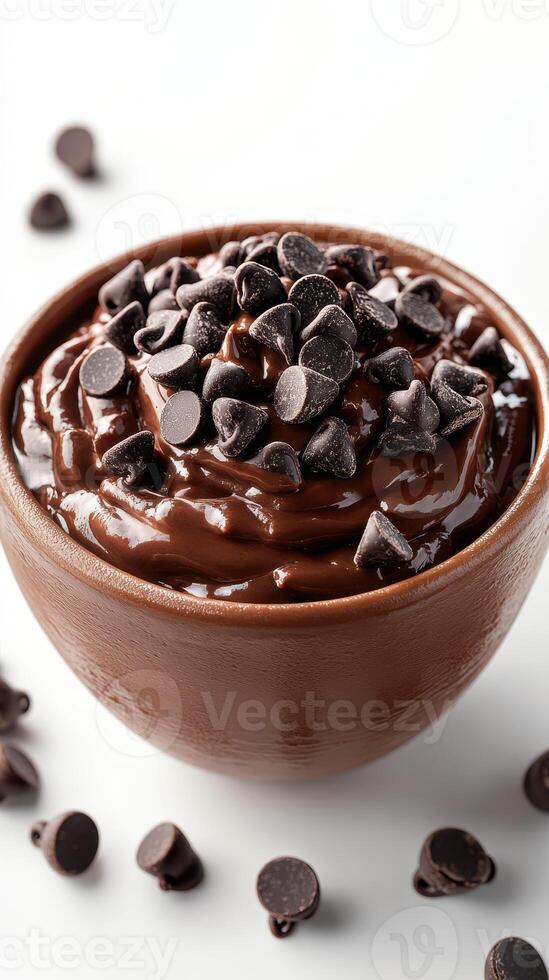 Rich chocolate mousse topped with dark chocolate chips served in a rustic bowl photo