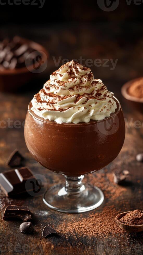 Indulgent chocolate mousse with whipped cream and cocoa topping in a cozy dessert setting photo