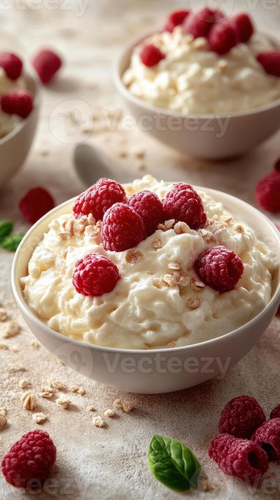 Creamy dessert topped with fresh raspberries and oats in a cozy kitchen setting during a sunny afternoon photo