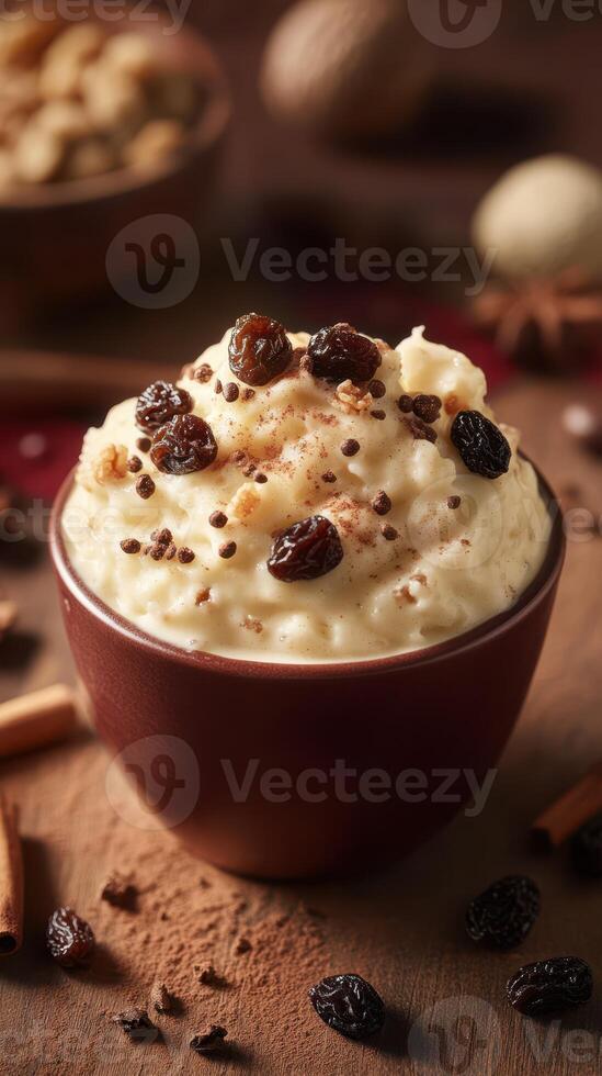 Creamy rice pudding with spices and raisins served in a rustic bowl garnished with chocolate shavings photo