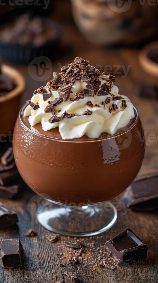 Rich chocolate mousse topped with whipped cream and chocolate shavings in a cozy dessert setting photo