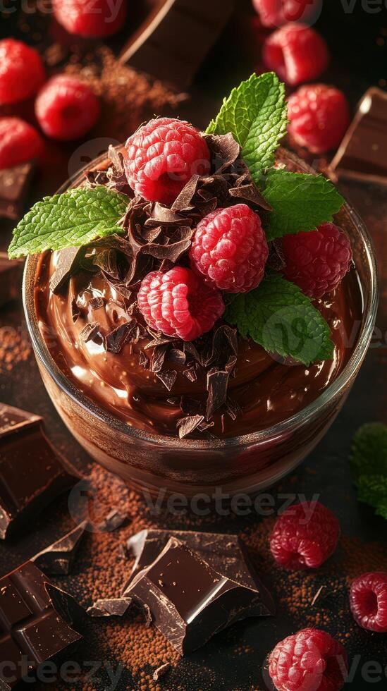 Delicious chocolate dessert topped with fresh raspberries and mint leaves in a cozy setting photo
