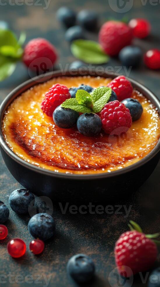 Delicious creme brulee topped with fresh berries and mint in a dark setting photo