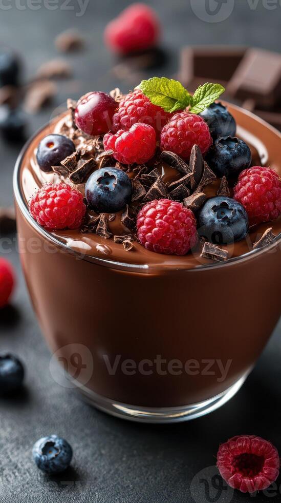 Decadent chocolate mousse topped with fresh raspberries and blueberries in a clear glass bowl on a dark textured surface photo