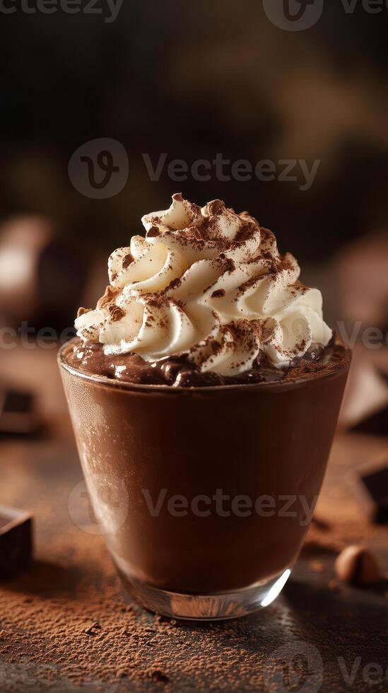 Indulgent chocolate dessert topped with whipped cream and cocoa powder served in a glass photo