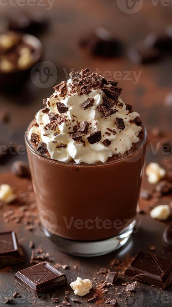 Delicious chocolate dessert topped with whipped cream and chocolate shavings served in a glass on a rustic wooden surface photo