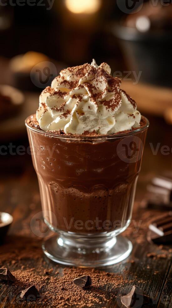 Delicious chocolate dessert topped with whipped cream and cocoa on a rustic wooden table photo