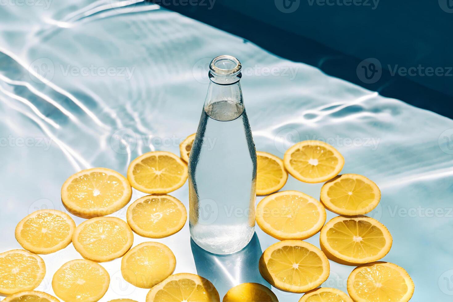 Still life with bottle of water and lemon slices photo