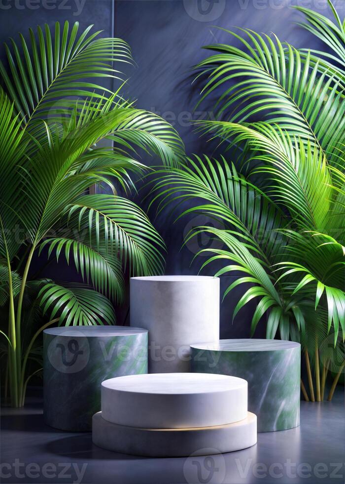 Blank sleek polished stone pedestal on neutral backdrop for luxurious products presentation. Terrazzo, marble, granite textured cylinders in natural light. Home decoration studio shot. photo
