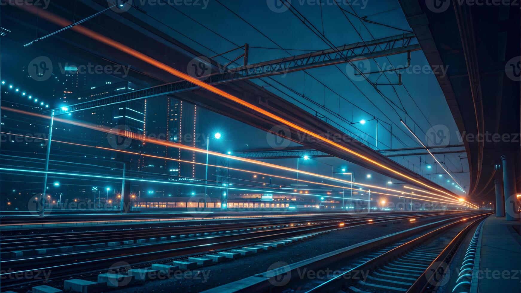 A futuristic cityscape filled with vibrant neon lights and dynamic data streams. Railway corner waiting for the train. photo