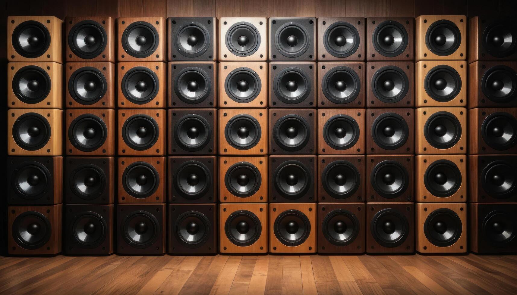 Wall of Wooden Speakers in a Dark Room photo