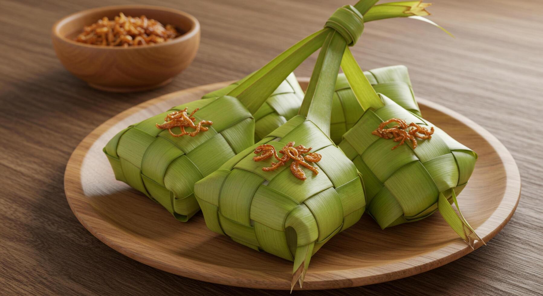 Ketupat is a traditional Indonesian dish wrapped in diamond-shaped coconut leaves. photo