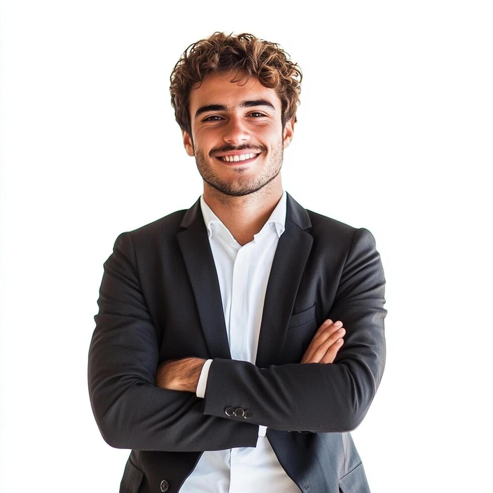A man in a suit and tie standing with his arms crossed photo