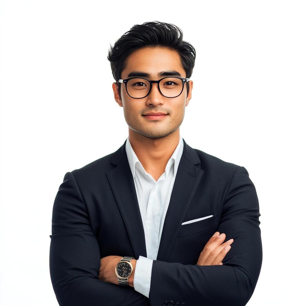 Young asian man in suit and glasses standing with arms crossed photo