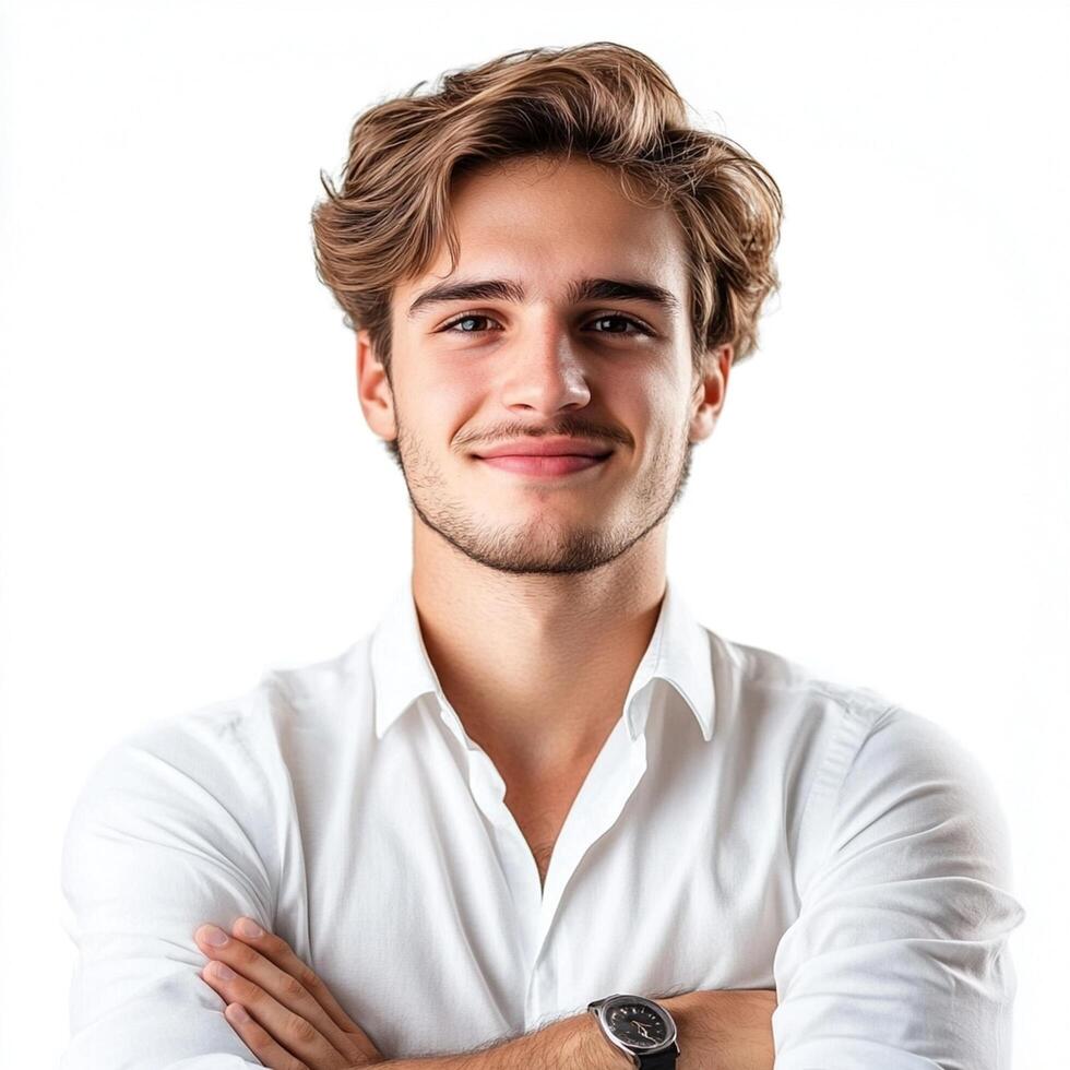 A young man with his arms crossed and smiling photo