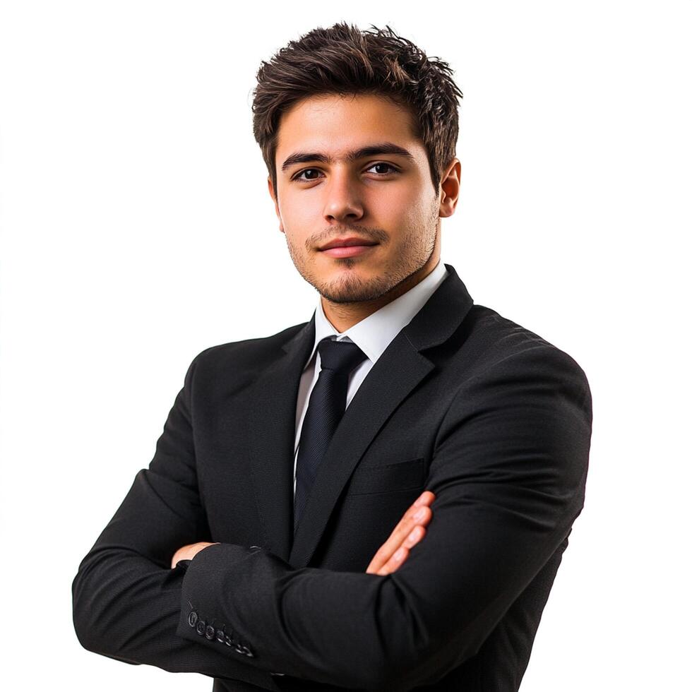 A man in a suit and tie standing with his arms crossed photo