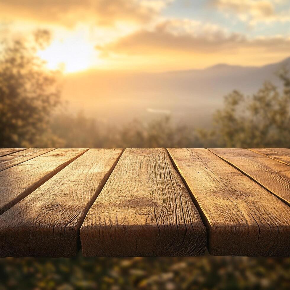 An empty wooden table in front of a sunset photo