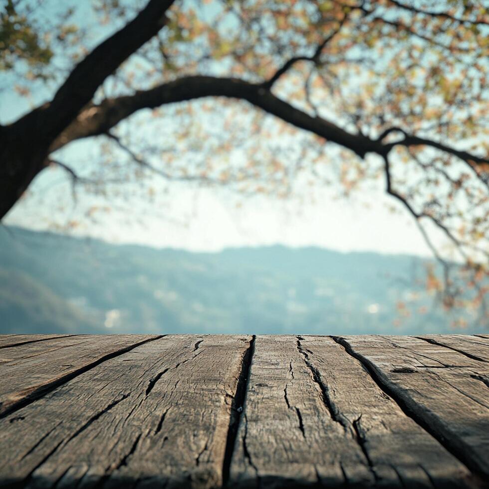 A wooden table with a view of the mountains photo
