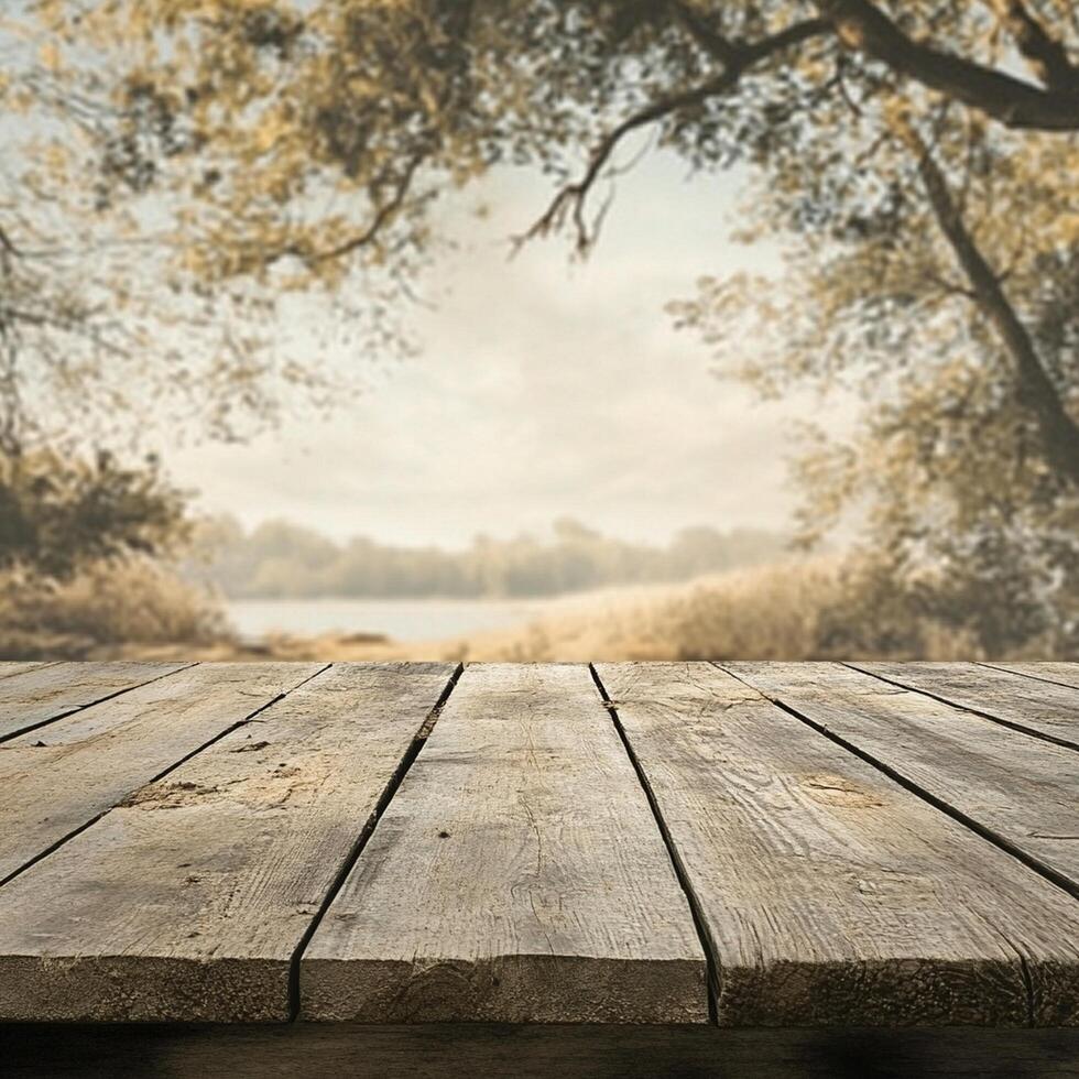 Wooden table with trees and lake in background photo